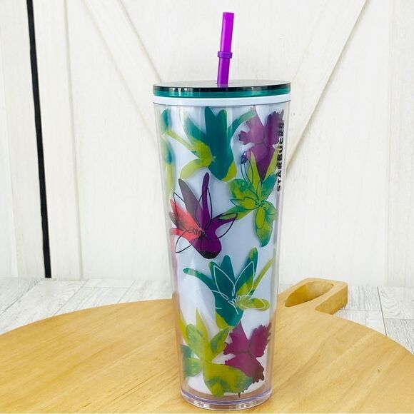 Starbucks Venti Tropical Floral Tumbler Cup Straw Spring 2022 Lavender Green - Picture 4 of 9